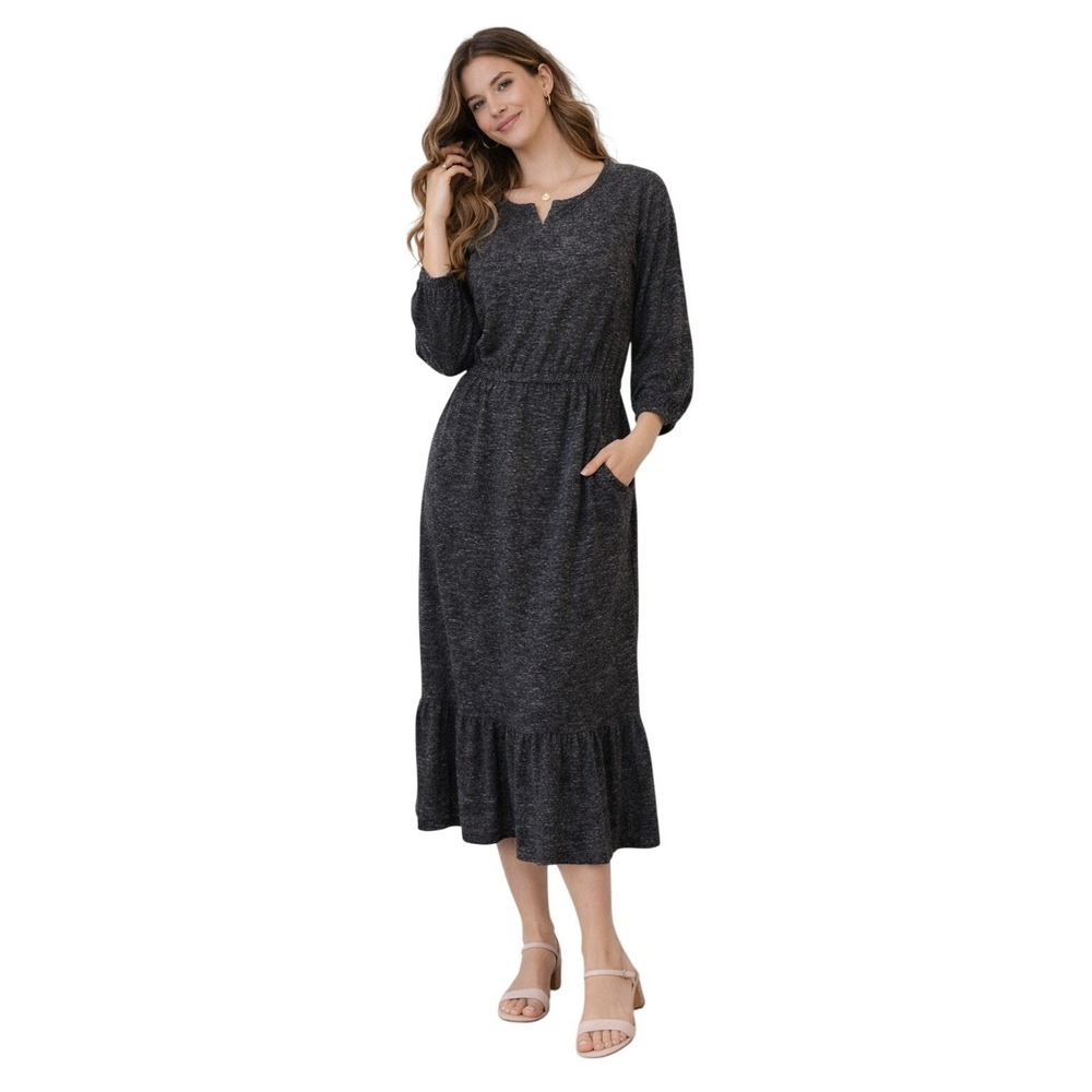 Bobeau Charcoal Grey Heathered Knit Midi Dress Ruffle Hem Pockets Small